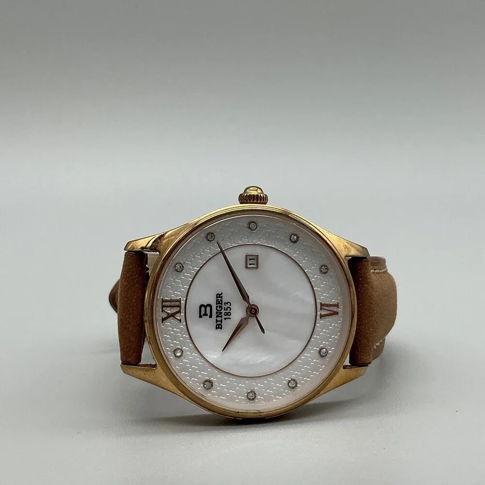 Binger B-3027L-1 Womens Watch 34mm White Dial Gold Tone Leather Date New Battery